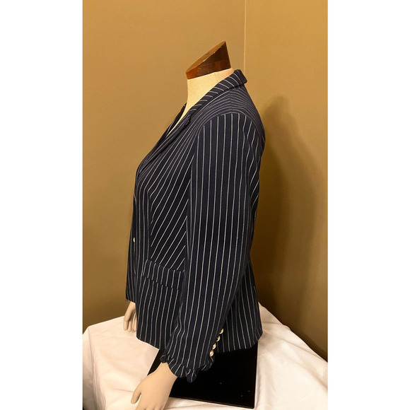 Chico's Sz 2P Petite Striped Navy Blue Blazer Pearl Buttons Jacket Lined - Picture 3 of 12
